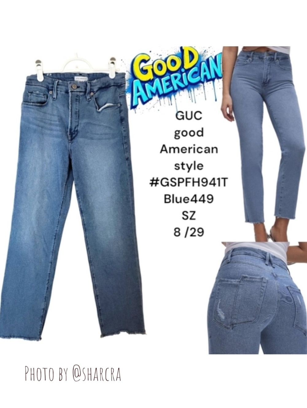 good American Women HR Stretch Jeans GSPFH941T Blue 449 Raw Hem Distressed 8 29